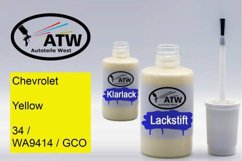 Chevrolet, Yellow, 34 / WA9414 / GCO: 20ml Lackstift + 20ml Klarlack - Set, von ATW Autoteile West.
